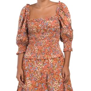 NWT House of Harlow Charisma Orange Puff-Sleeve Smocked Top, XS